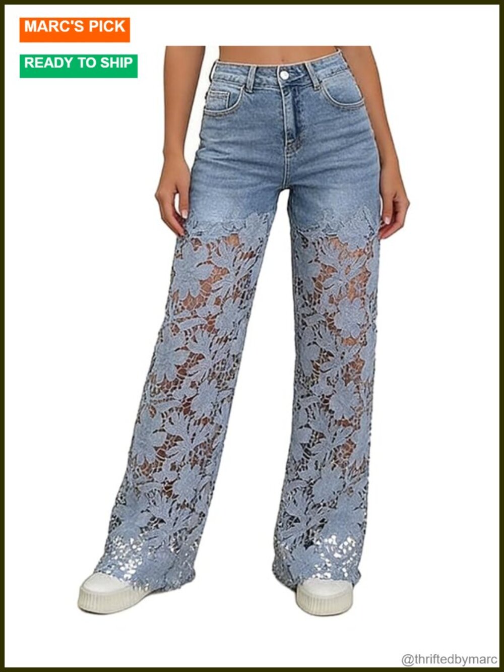 High Waisted Wide Leg Lace Patchwork Hollow Out Floral Denim Jeans